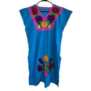 Maya Mexican Dress Embroidered Flowers Chiapas Puebla Bright Aqua Blue Large